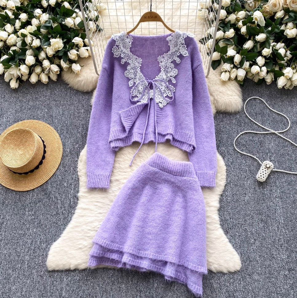 Lace Patchwork Cardigan & Skirt 2Pcs