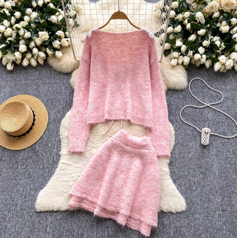 Lace Patchwork Cardigan & Skirt 2Pcs
