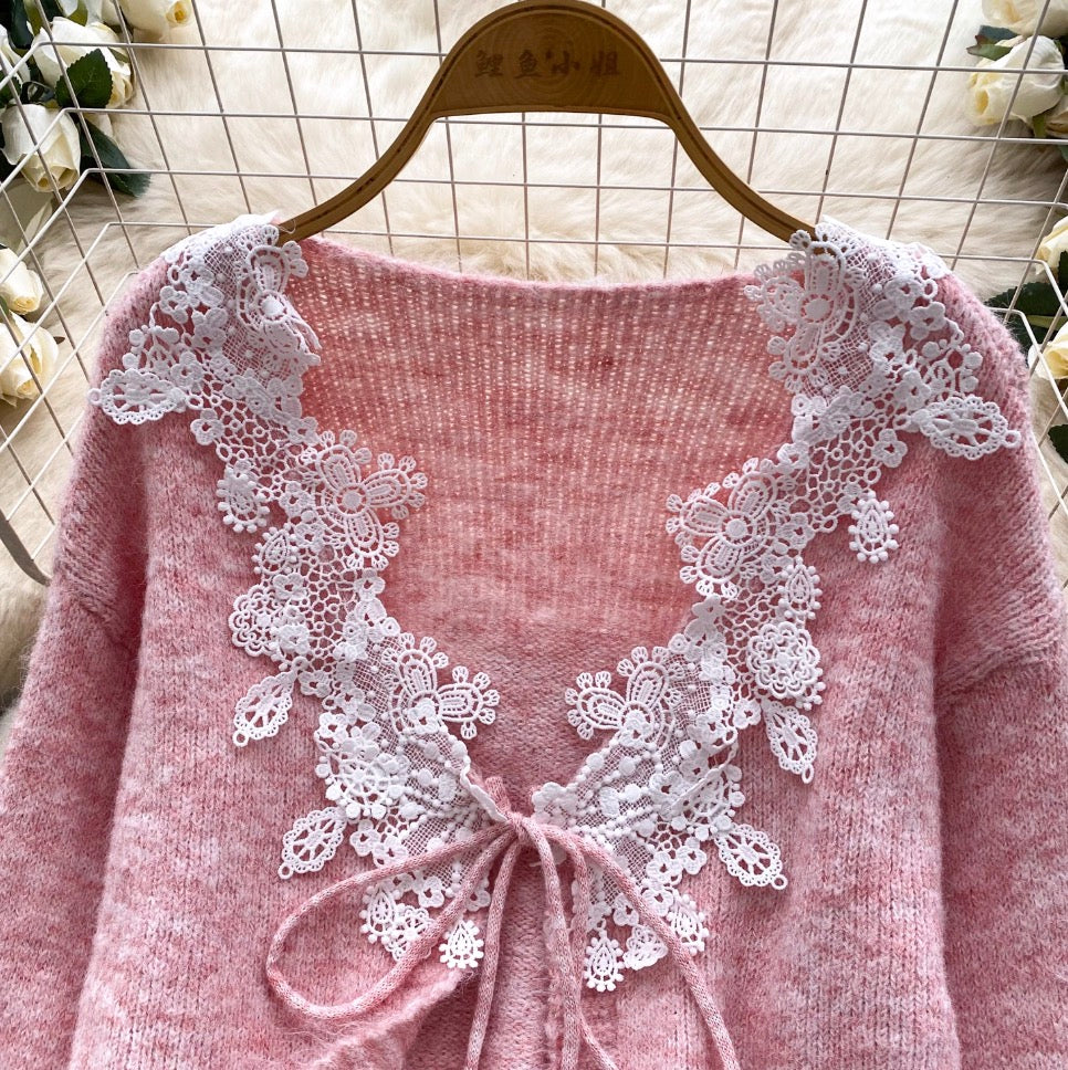 Lace Patchwork Cardigan & Skirt 2Pcs