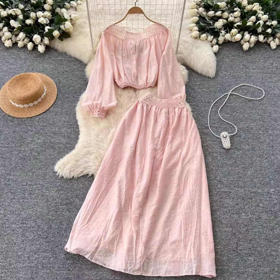 Lace-up Shirt & Half-body Skirt 2Pcs