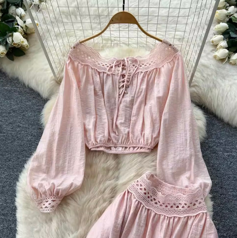 Lace-up Shirt & Half-body Skirt 2Pcs