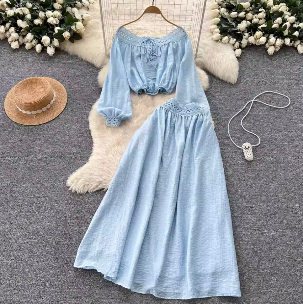Lace-up Shirt & Half-body Skirt 2Pcs