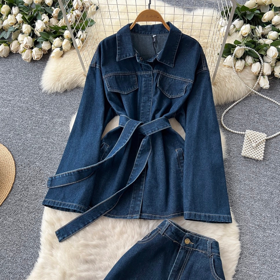 Lapeled Jacket & Jeans Denim 2Pcs