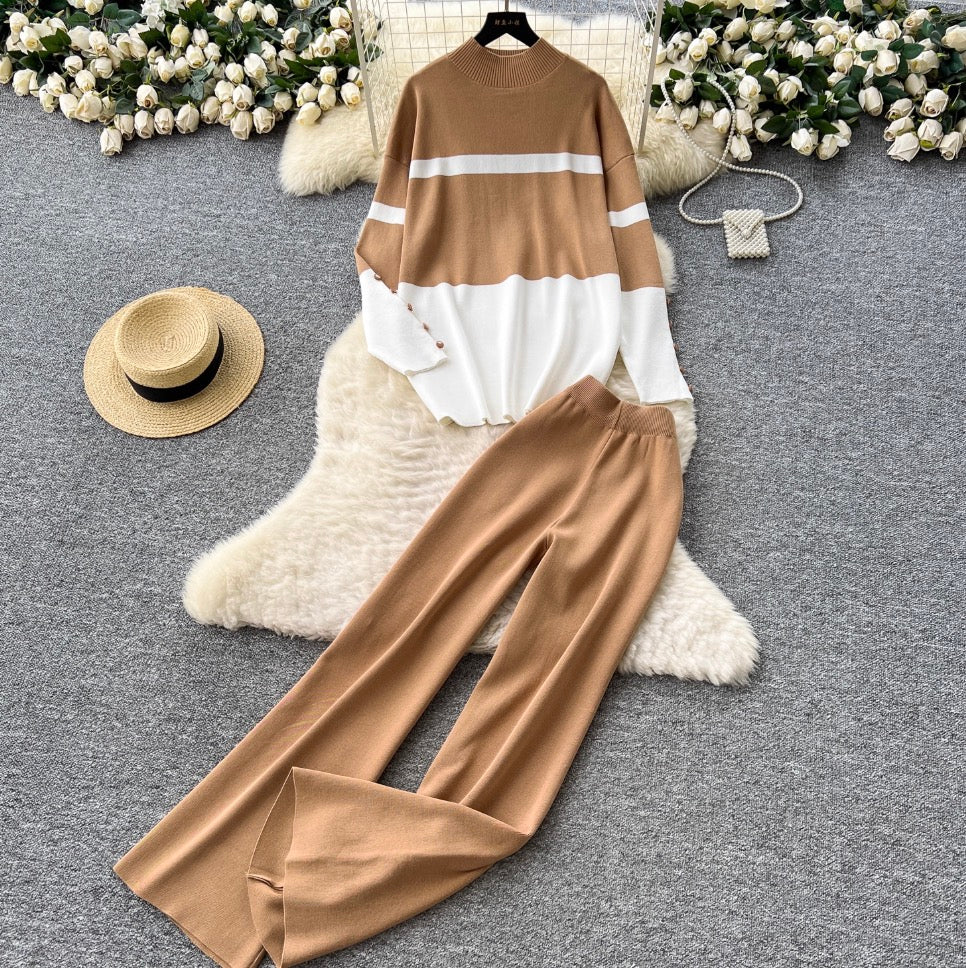 Color-blocking Sweater & Trousers 2Pcs