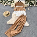 Color-blocking Sweater & Trousers 2Pcs