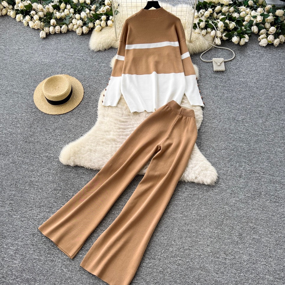 Color-blocking Sweater & Trousers 2Pcs