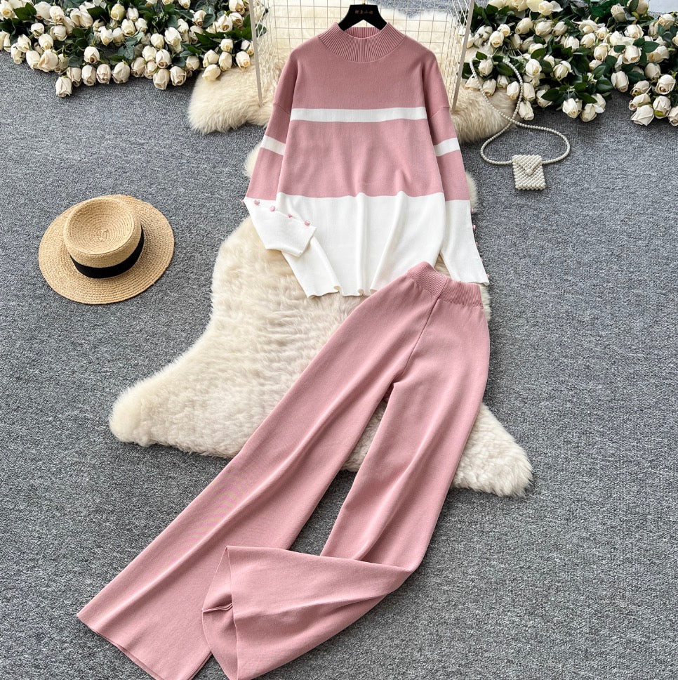 Color-blocking Sweater & Trousers 2Pcs