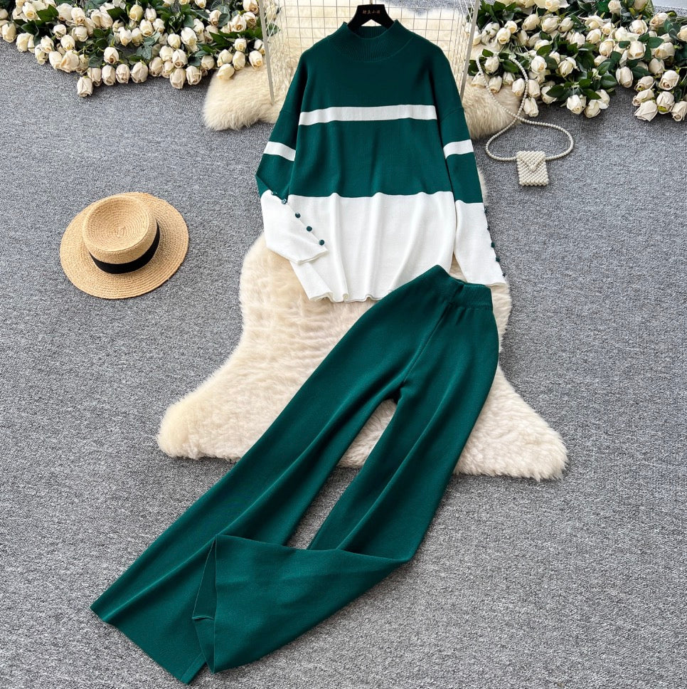 Color-blocking Sweater & Trousers 2Pcs