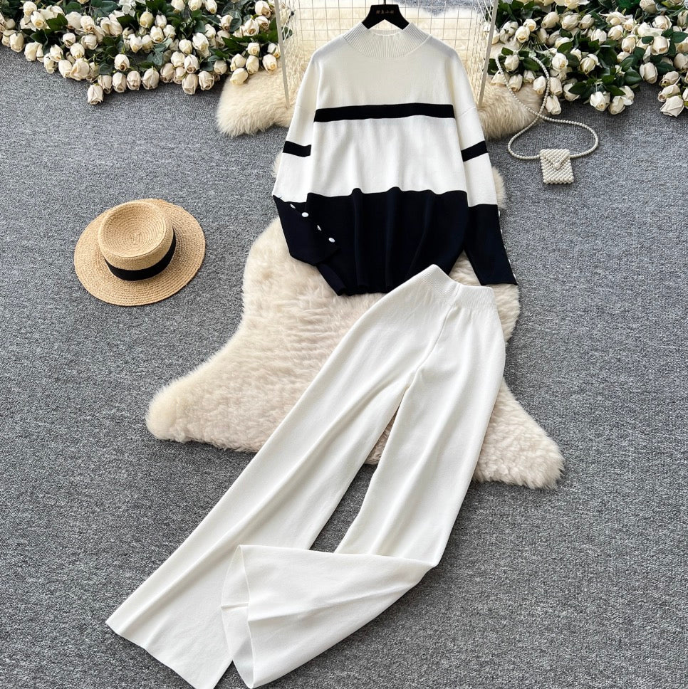 Color-blocking Sweater & Trousers 2Pcs