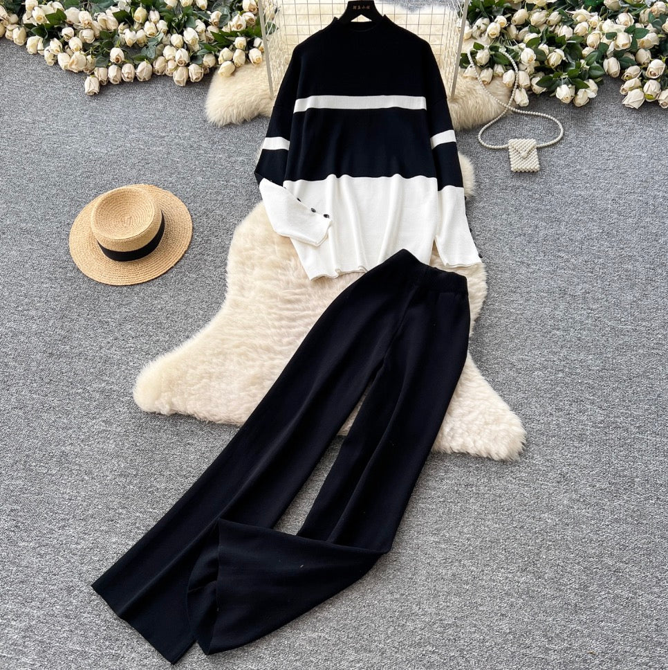 Color-blocking Sweater & Trousers 2Pcs