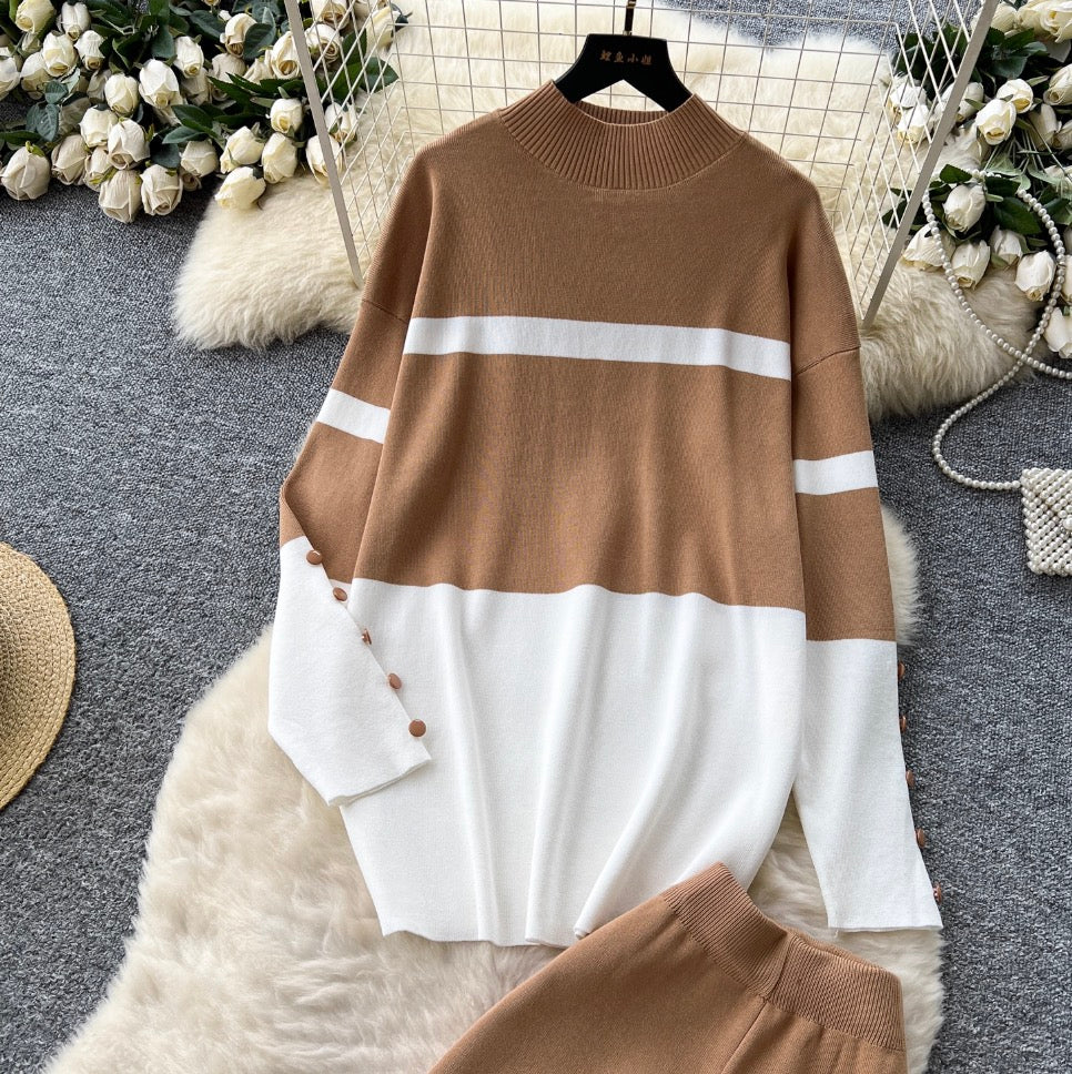 Color-blocking Sweater & Trousers 2Pcs