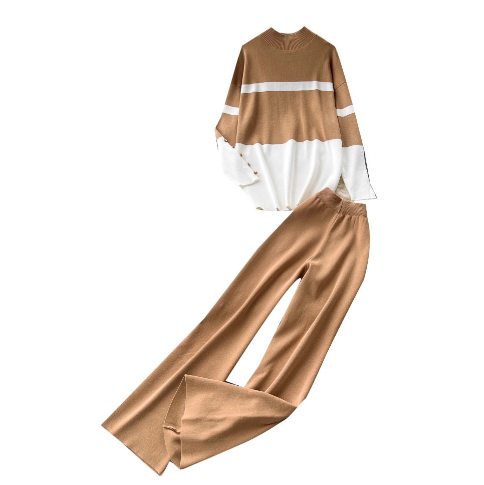 Color-blocking Sweater & Trousers 2Pcs