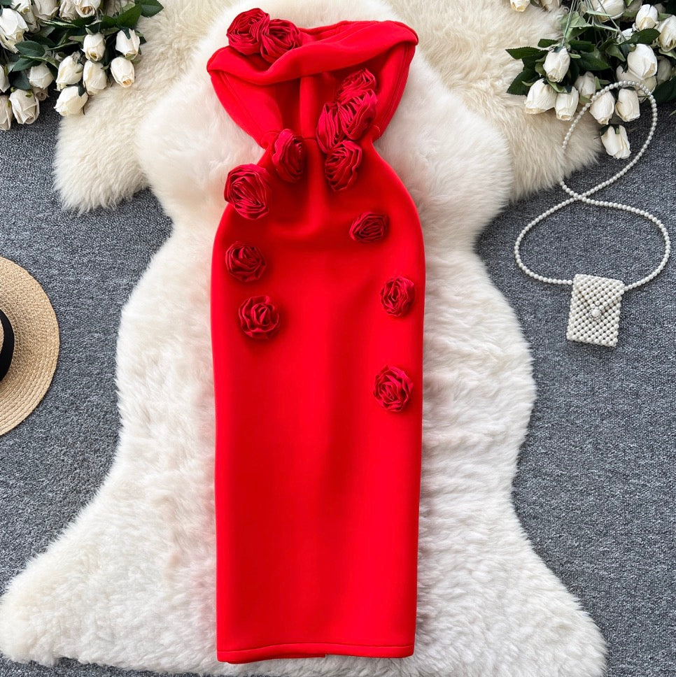 3D Floral Solid Color Bustier Dress