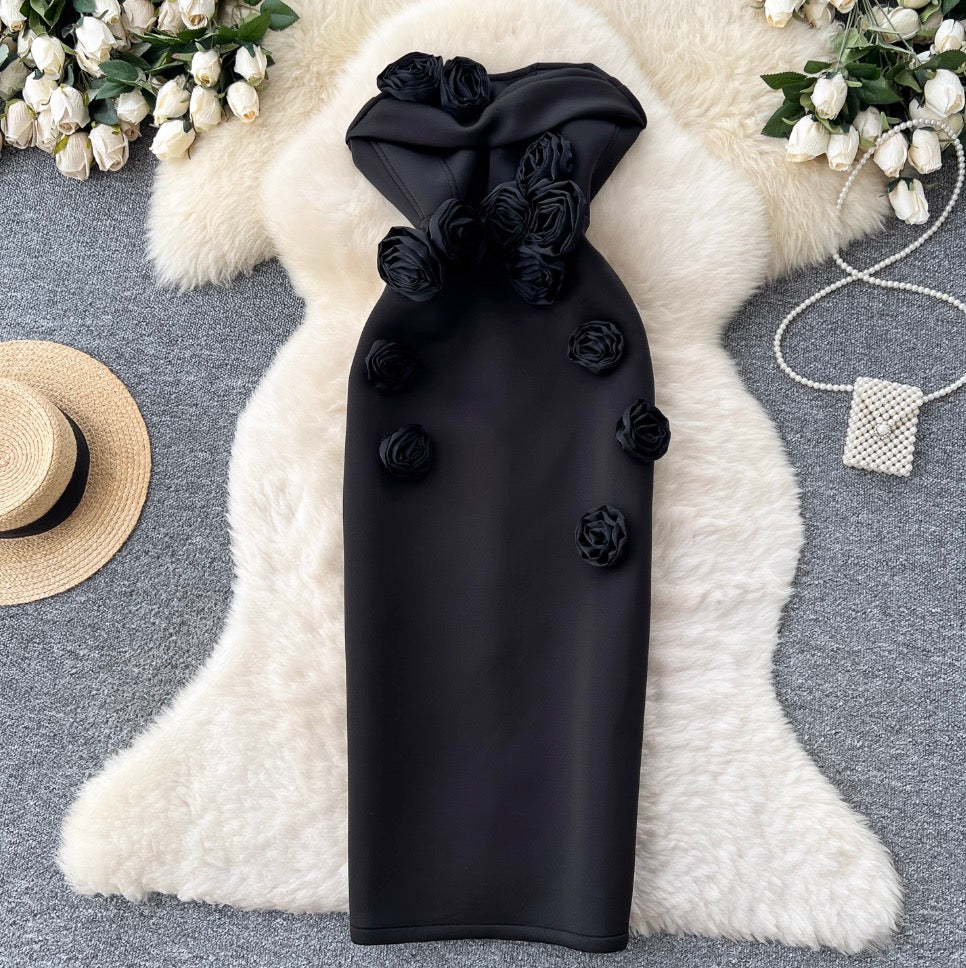 3D Floral Solid Color Bustier Dress