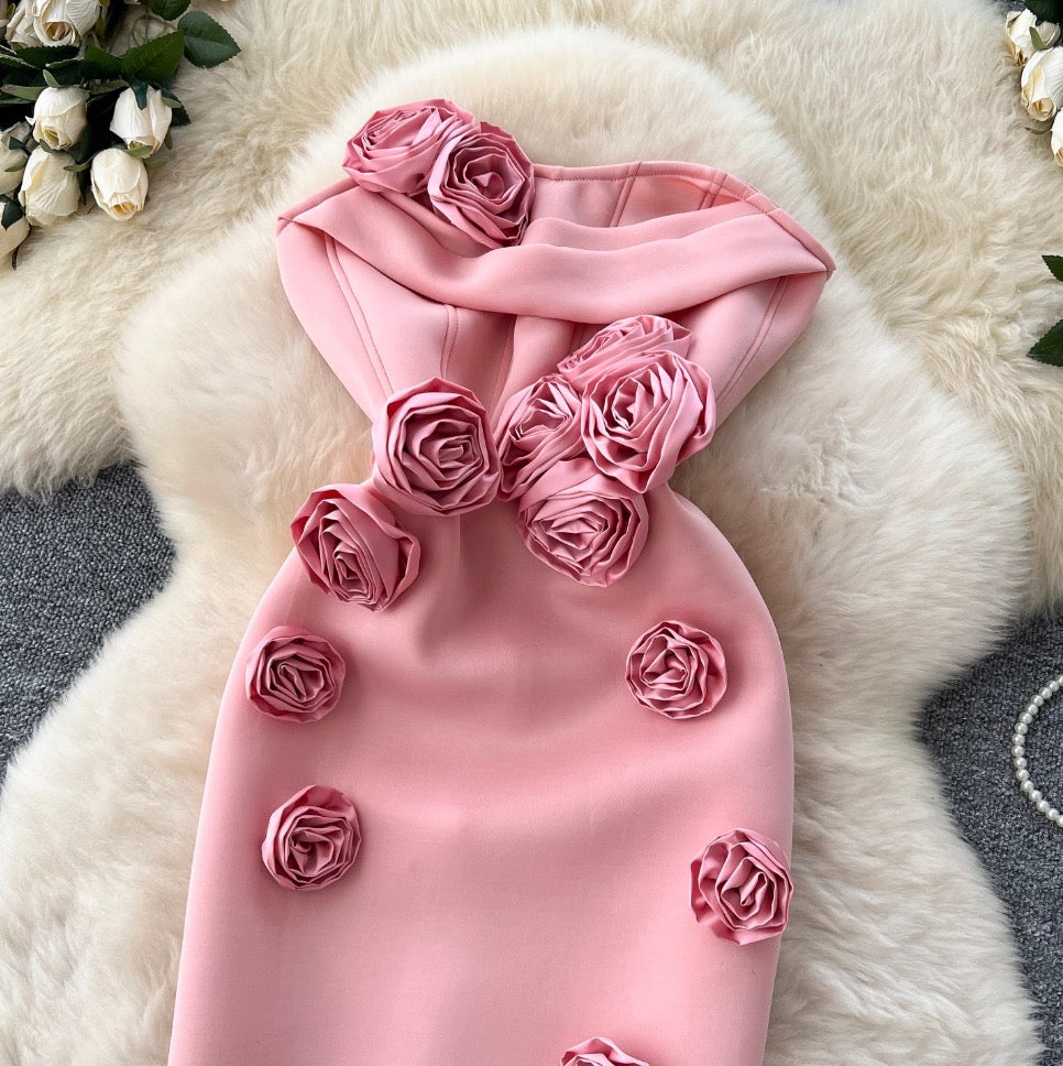 3D Floral Solid Color Bustier Dress