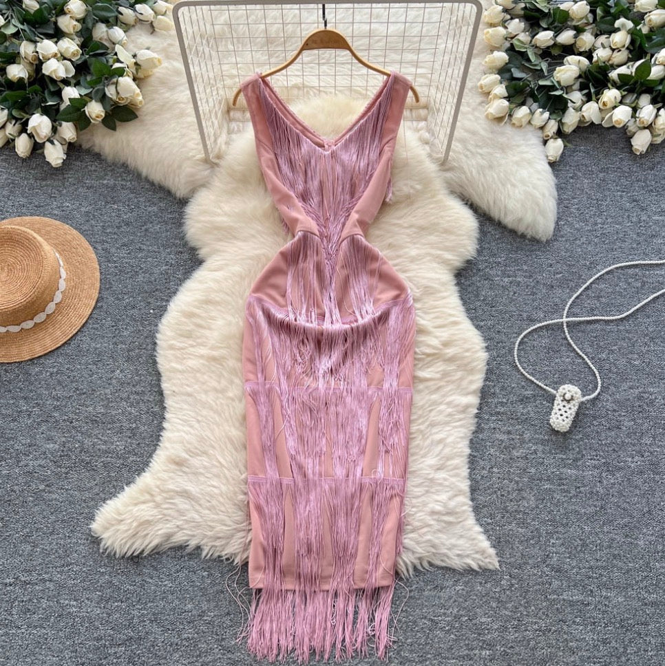 Vintage Fringed Waist-slimming Dress