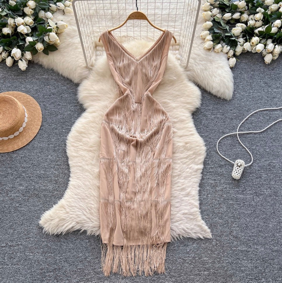 Vintage Fringed Waist-slimming Dress