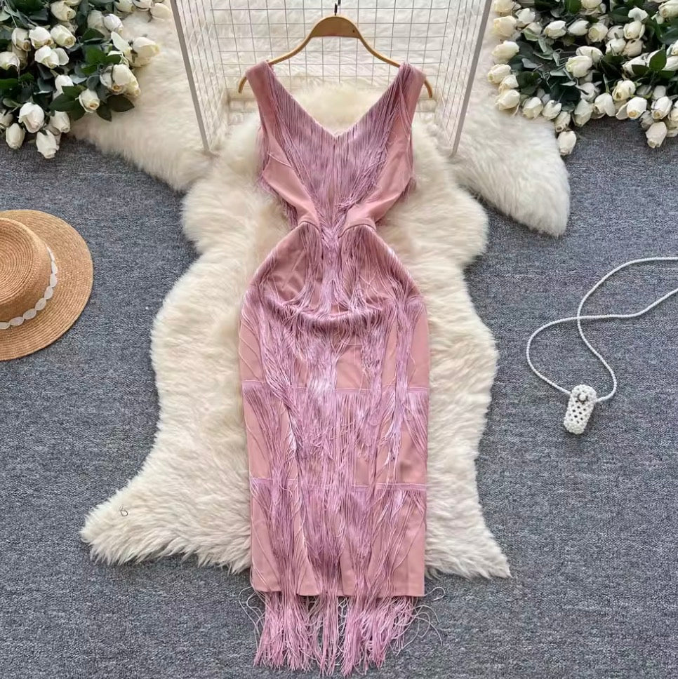 Vintage Fringed Waist-slimming Dress