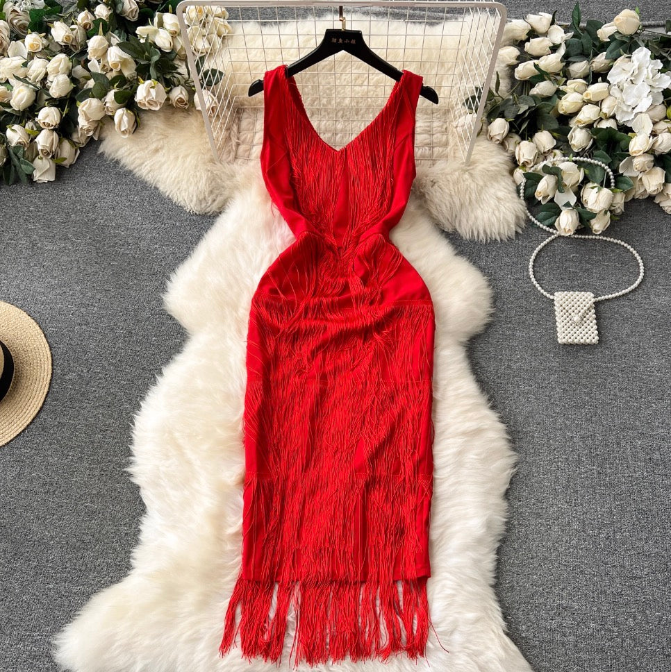 Vintage Fringed Waist-slimming Dress