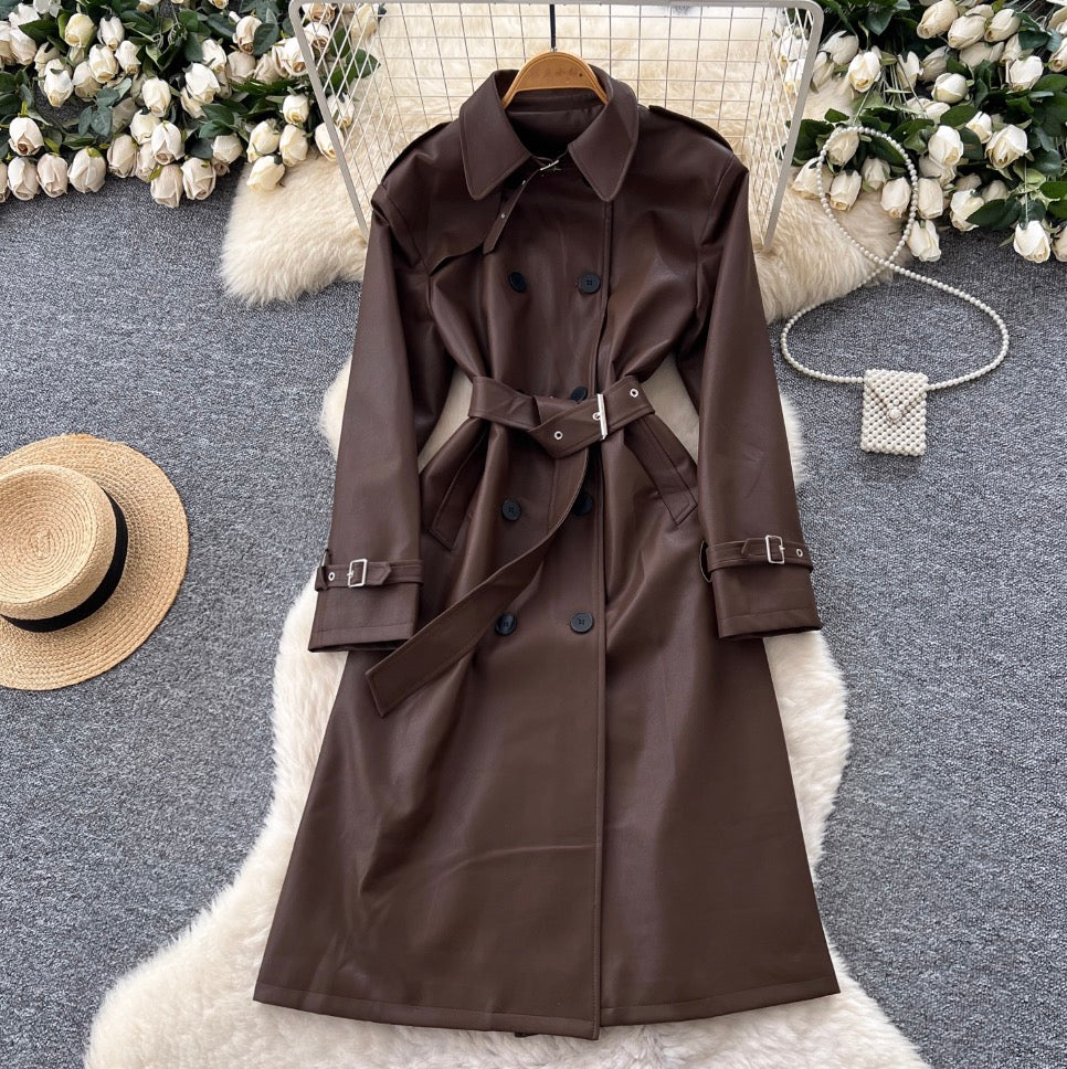 British Style Double-breasted PU Coat
