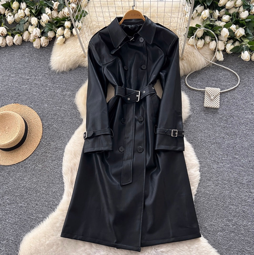 British Style Double-breasted PU Coat