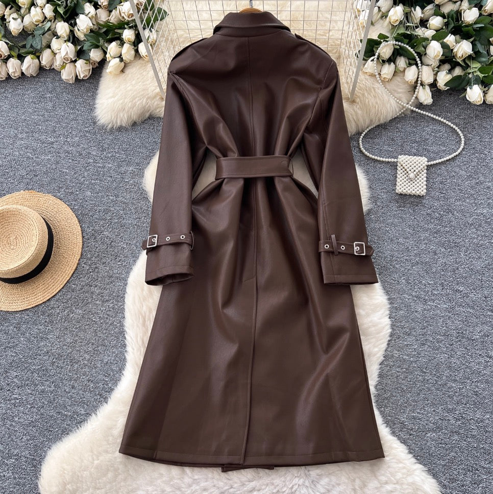 British Style Double-breasted PU Coat
