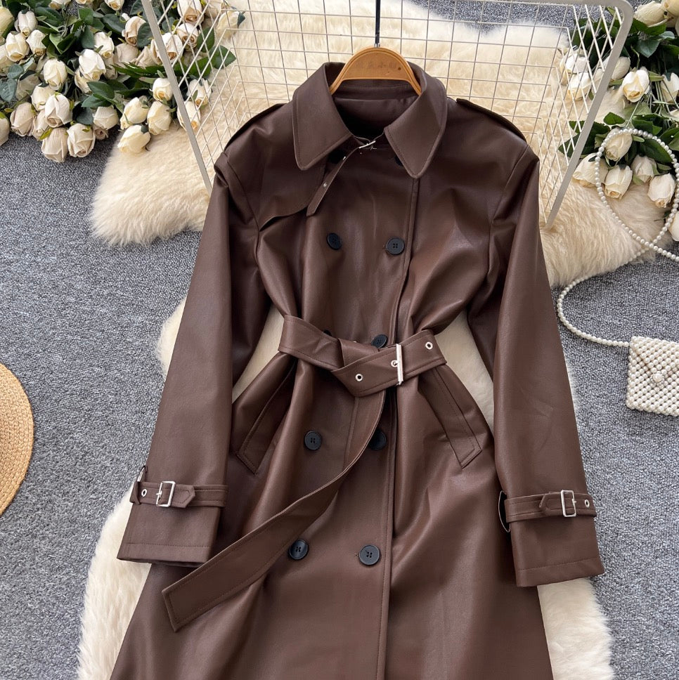 British Style Double-breasted PU Coat