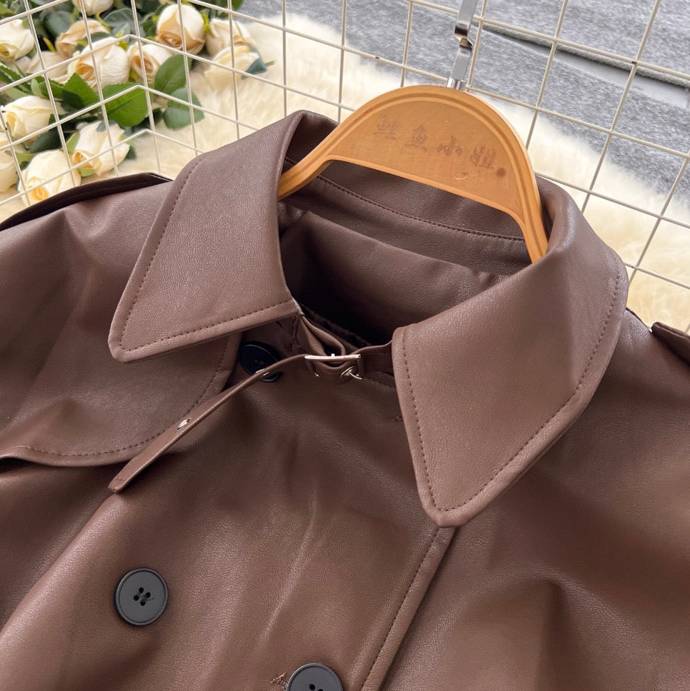 British Style Double-breasted PU Coat