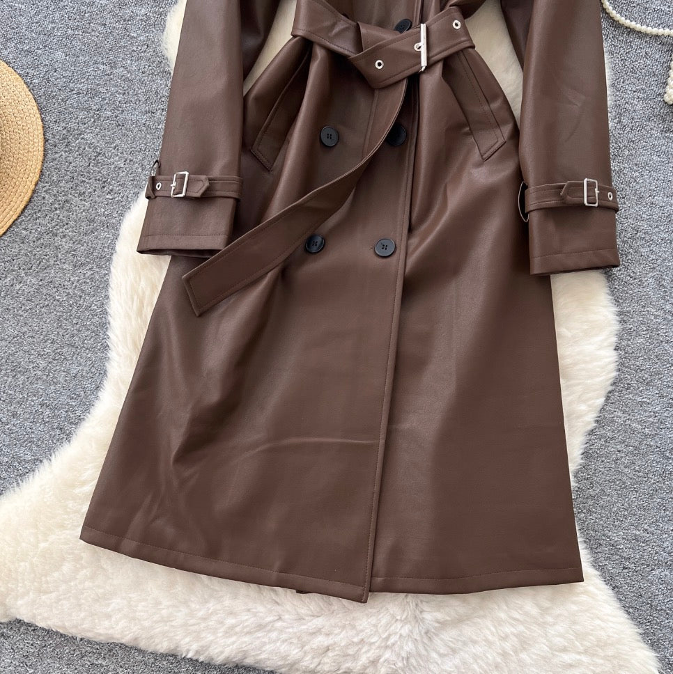 British Style Double-breasted PU Coat