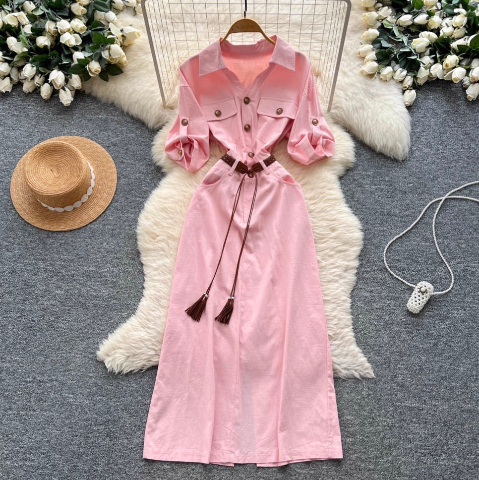 Niche Deign Shirt Dress with Belt