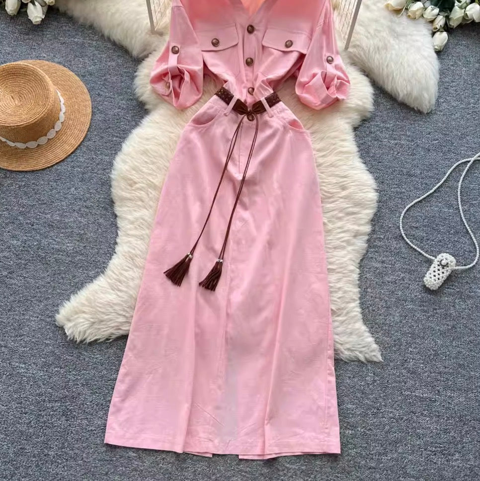 Niche Deign Shirt Dress with Belt