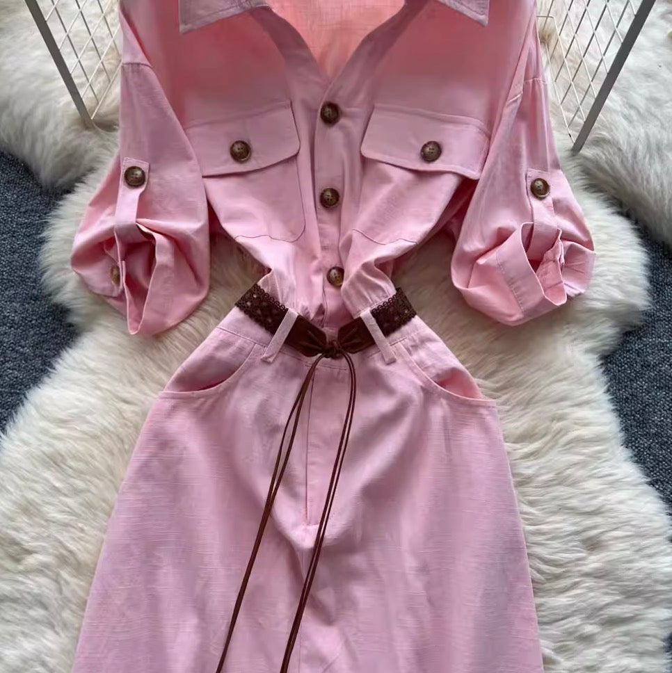 Niche Deign Shirt Dress with Belt