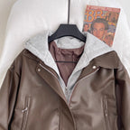Faux Two-pieces Hooded PU Jacket