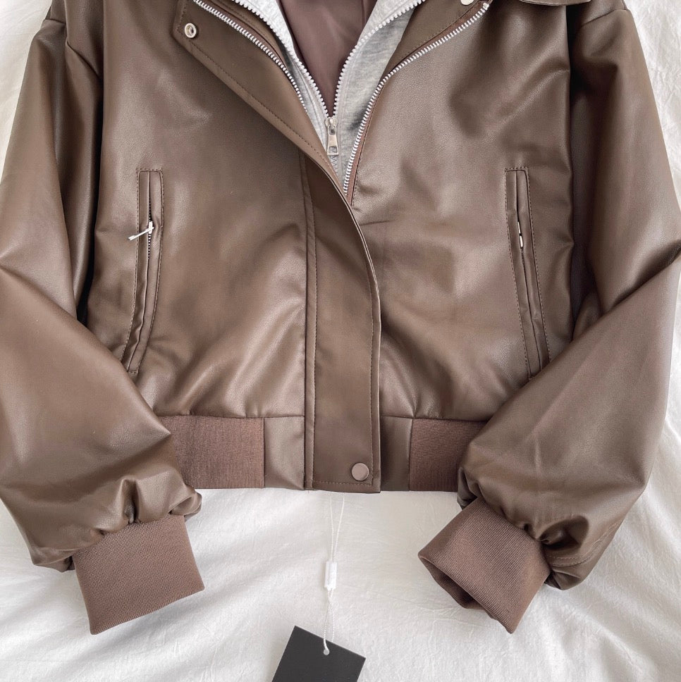 Faux Two-pieces Hooded PU Jacket