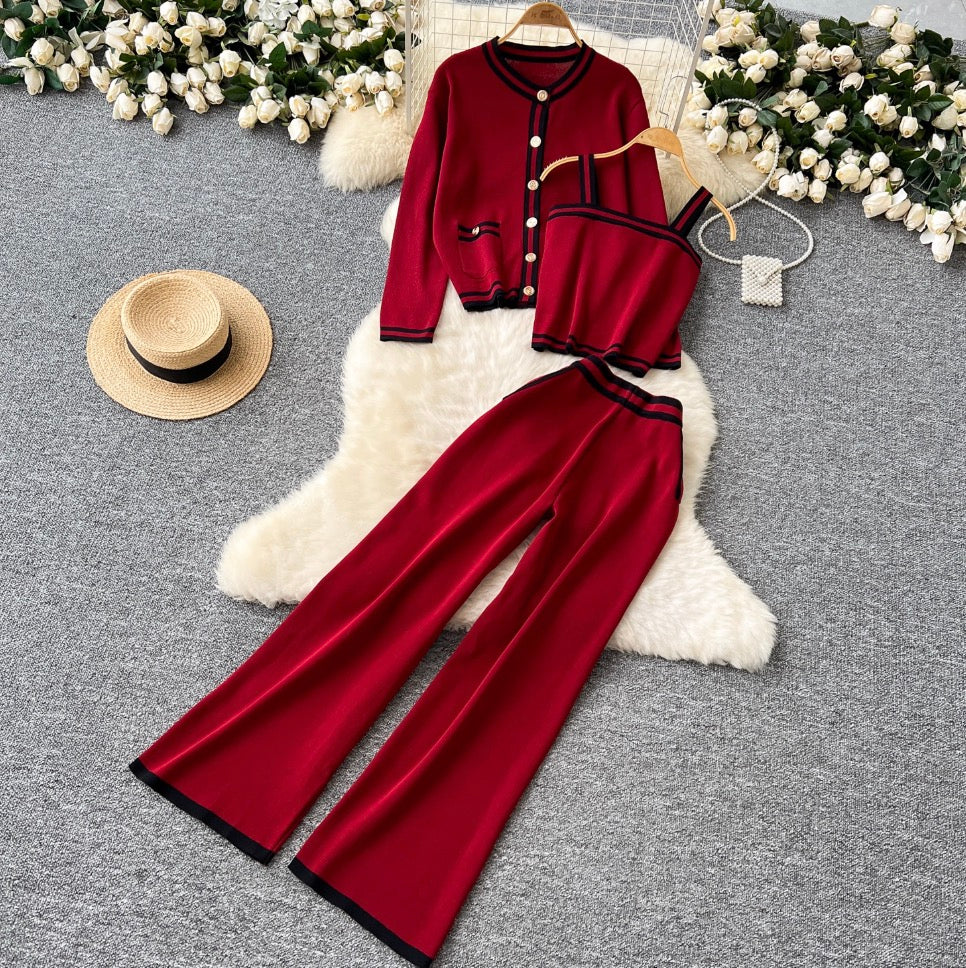 Cardigan & Camisole & Trousers Striped Knit 3Pcs
