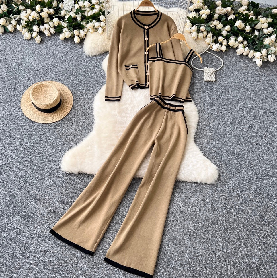 Cardigan & Camisole & Trousers Striped Knit 3Pcs