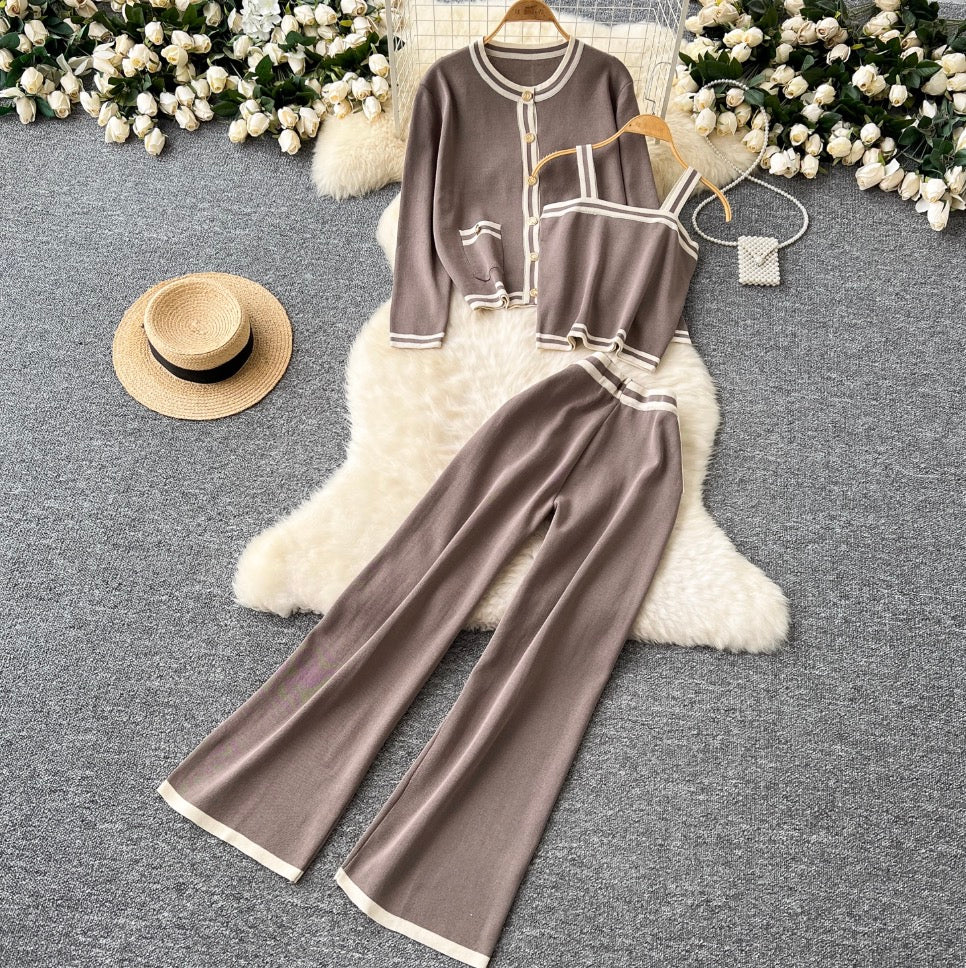 Cardigan & Camisole & Trousers Striped Knit 3Pcs
