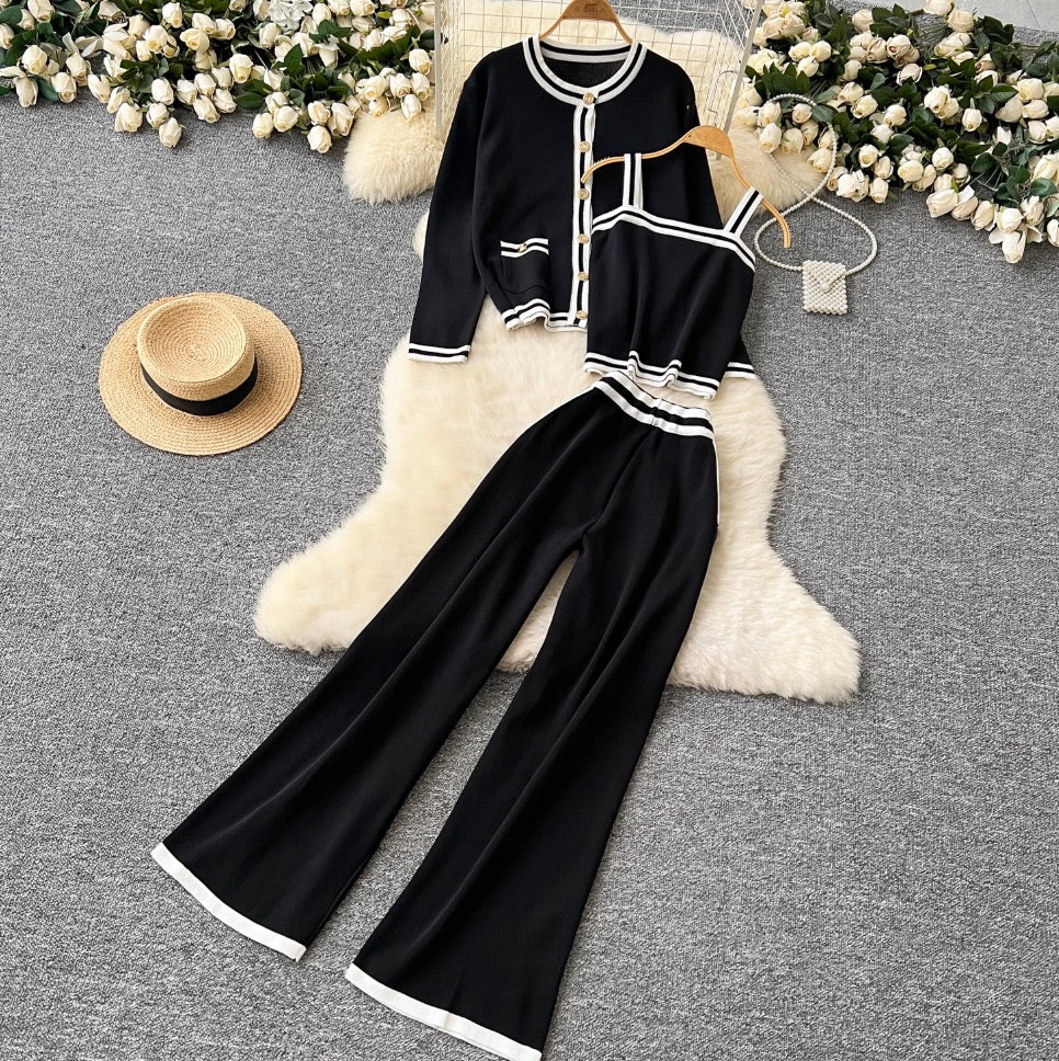 Cardigan & Camisole & Trousers Striped Knit 3Pcs