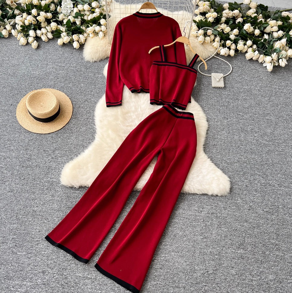 Cardigan & Camisole & Trousers Striped Knit 3Pcs