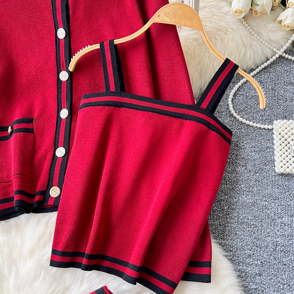 Cardigan & Camisole & Trousers Striped Knit 3Pcs