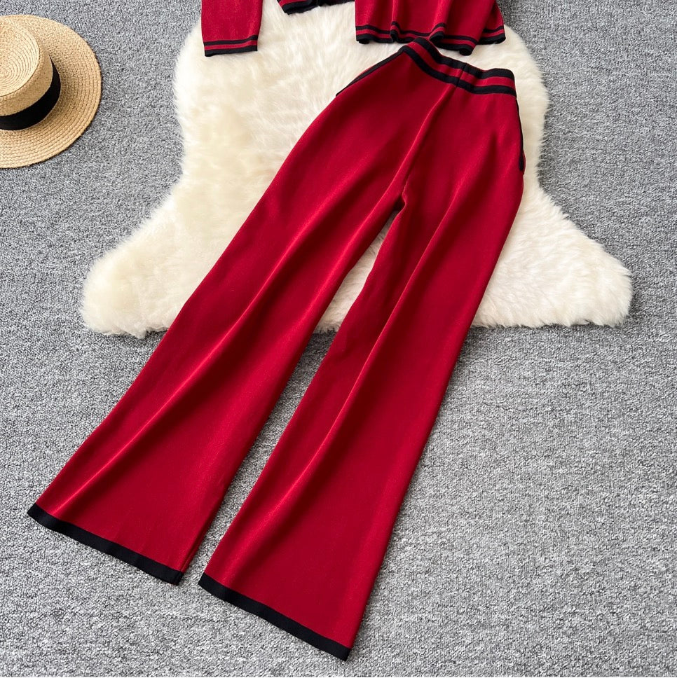 Cardigan & Camisole & Trousers Striped Knit 3Pcs
