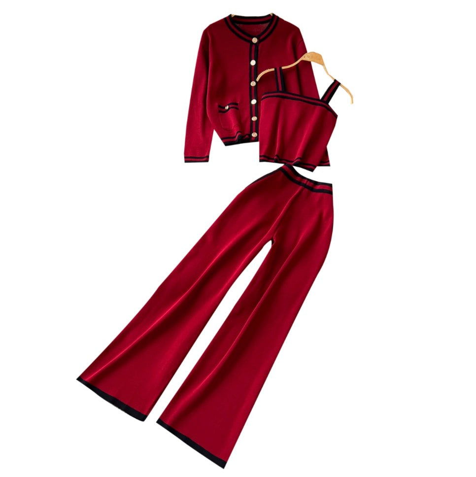 Cardigan & Camisole & Trousers Striped Knit 3Pcs
