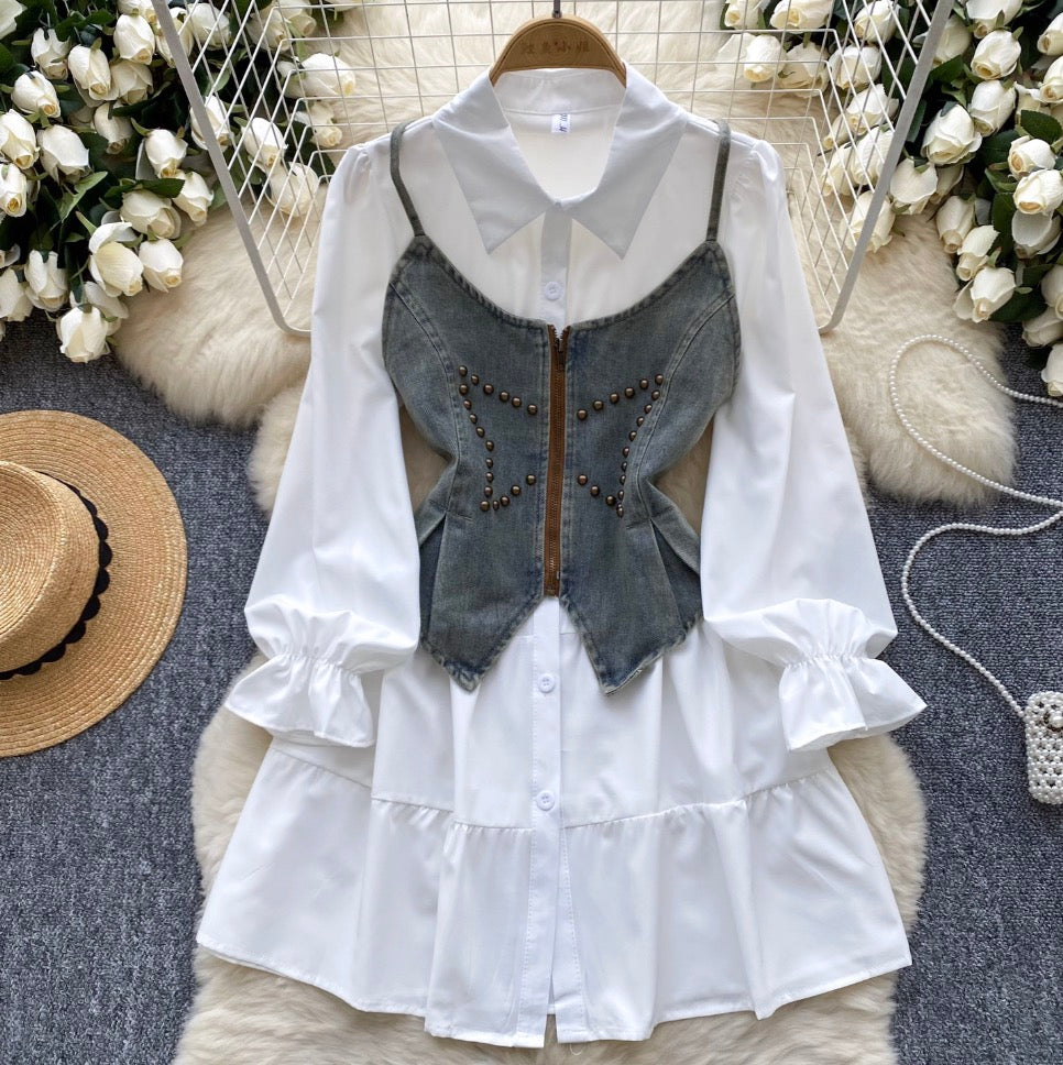 Denim Camisole & White Shirt Dress 2Pcs