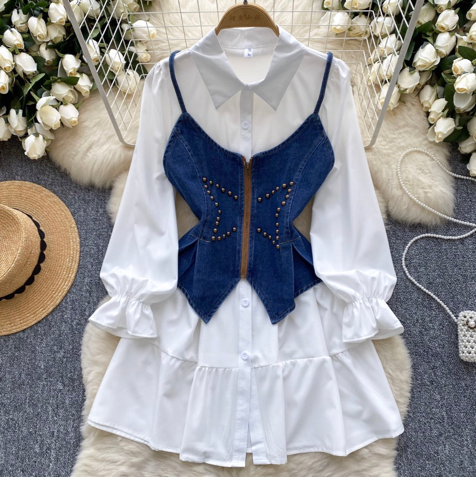 Denim Camisole & White Shirt Dress 2Pcs