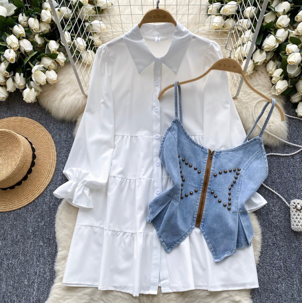 Denim Camisole & White Shirt Dress 2Pcs