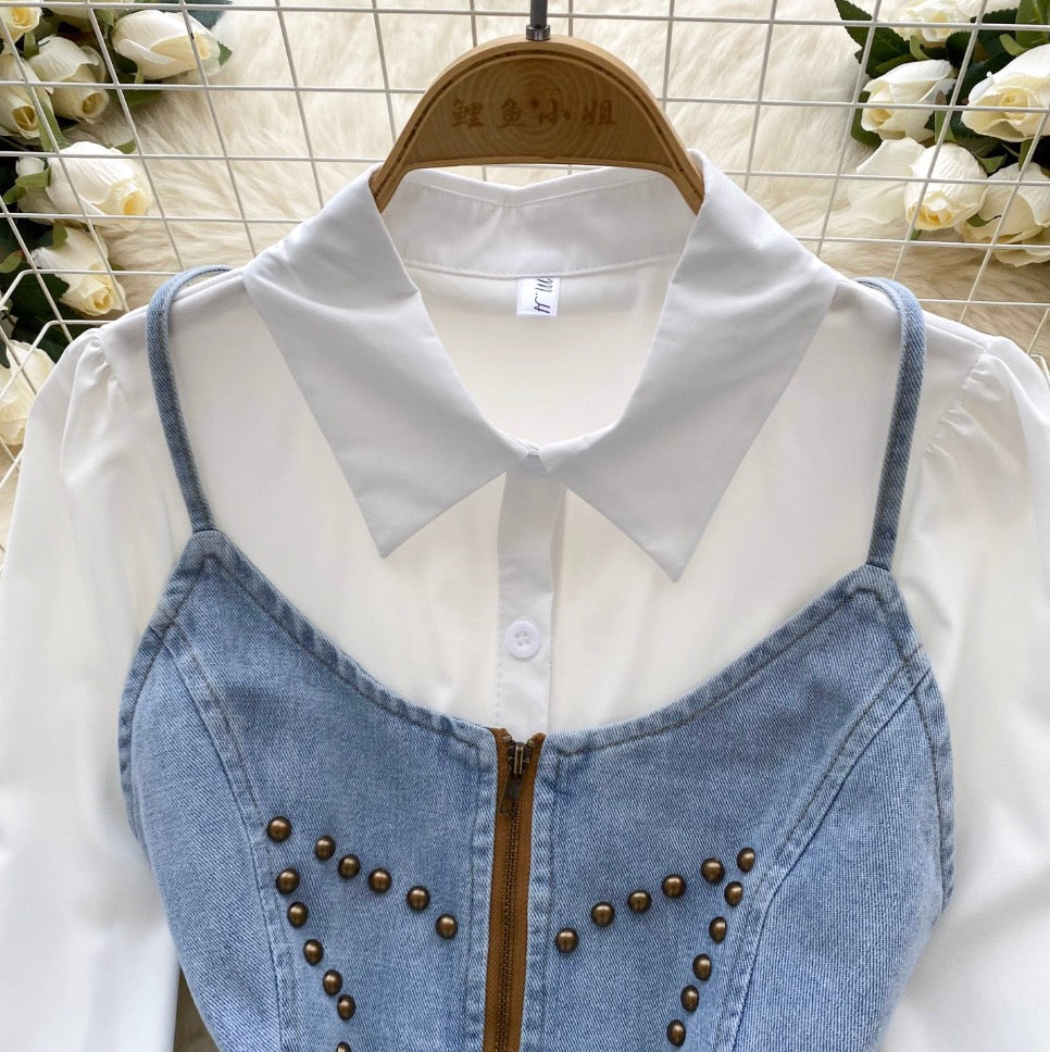 Denim Camisole & White Shirt Dress 2Pcs