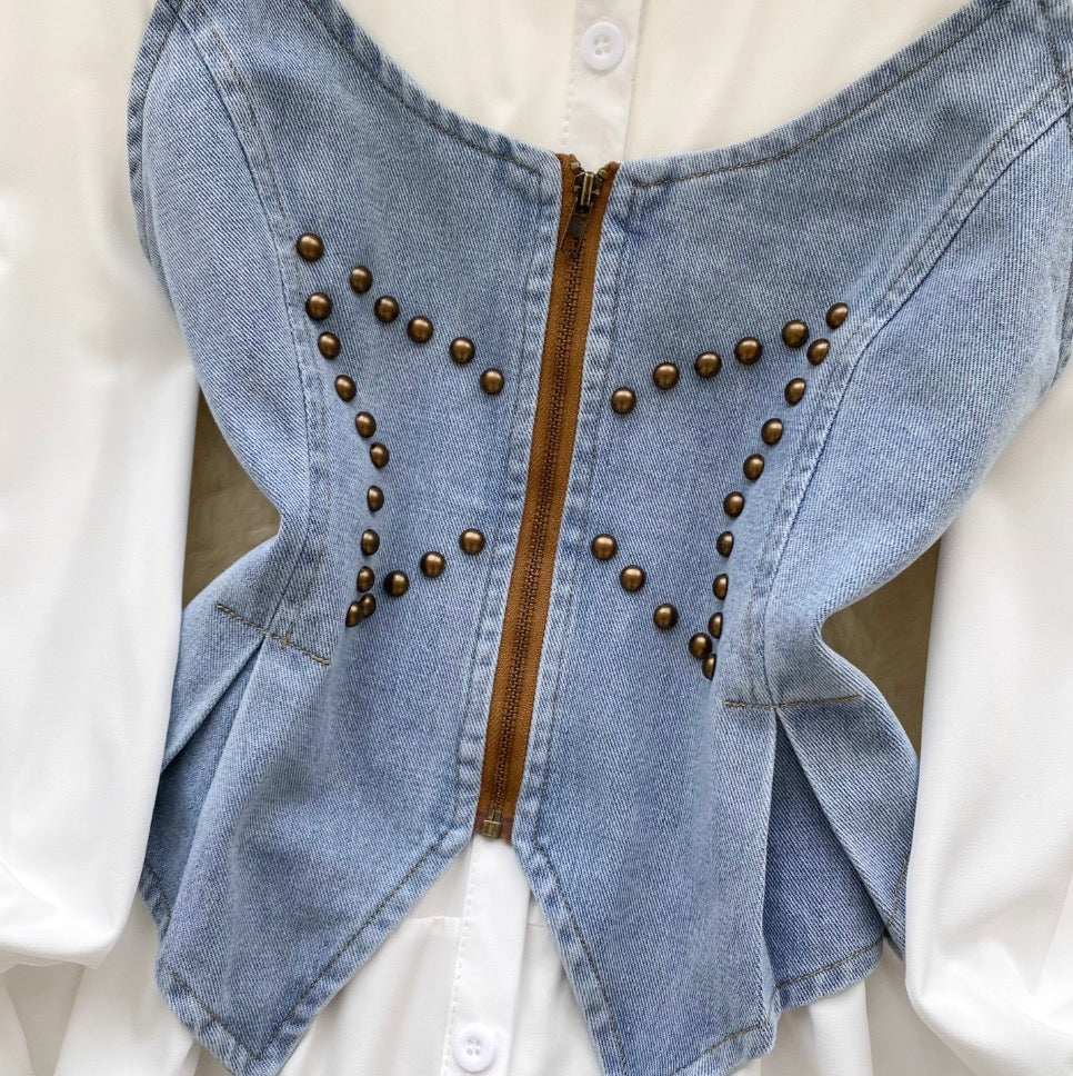 Denim Camisole & White Shirt Dress 2Pcs