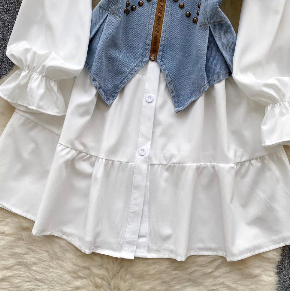 Denim Camisole & White Shirt Dress 2Pcs
