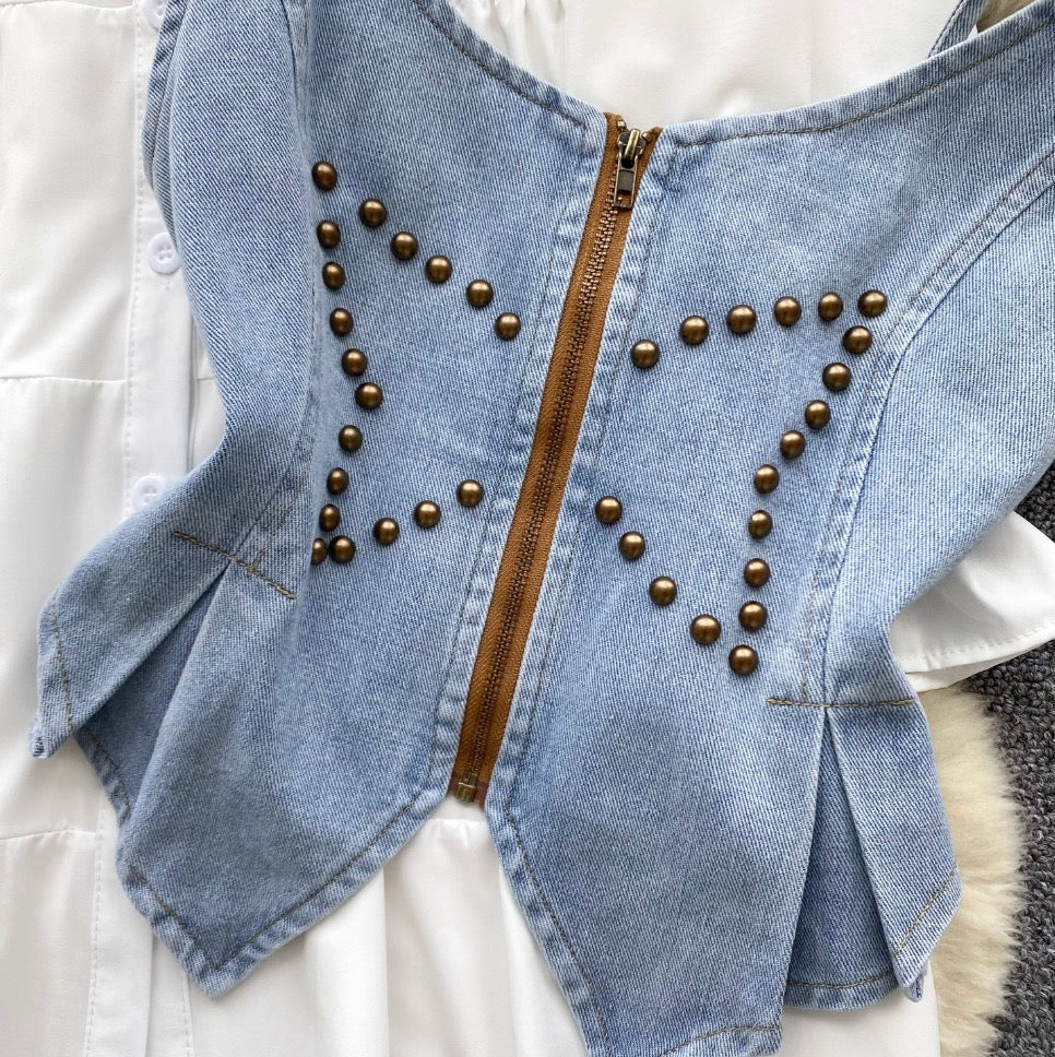 Denim Camisole & White Shirt Dress 2Pcs