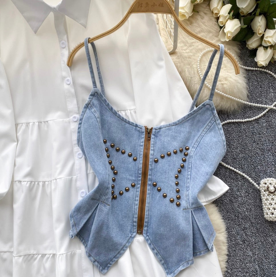 Denim Camisole & White Shirt Dress 2Pcs